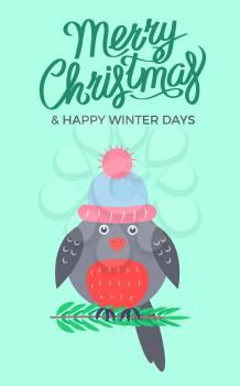 Merry Christmas green poster with decorated title sample and icon of bullfinch wearing hat and sitting on branch of pine vector illustration