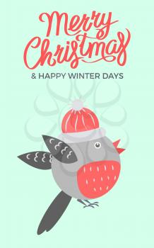 Merry Christmas and happy winter days, promotional poster with bullfinch wearing red hat vector illustration isolated on green background