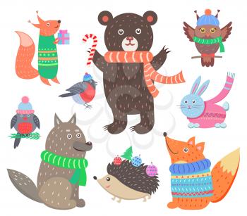Collection of animal images representing fox with present, bear with candy, rabbit and wolf with scarfs, hedgehog and owl vector illustration