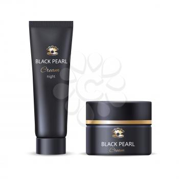 Black pearl night face or hand cream in bottle and tube daily care moisturization nourishment vector illustration realistic design for all skin types