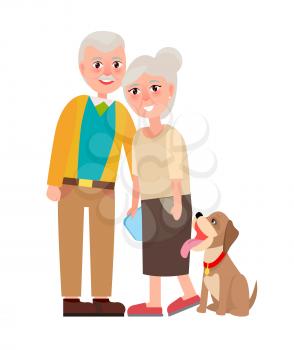 Grandmother and grandfather with pet isolated on white background. National Grandparents Day poster with adorable dog vector illustration