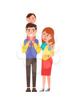 Happy lovely family with two children with parents isolated on white background. Vector illustration with father, son and mother with babe