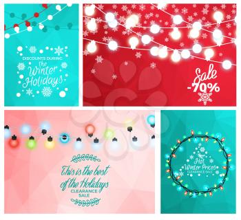 Winter sale collection of posters. Vector illustration of glowing light garlands along with tiny snowflakes on colourful seamless triangle patterns
