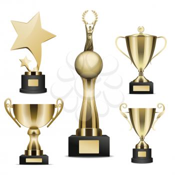Trophy cups set. Golden stars, human figure on globe with laurel wreath in hands statuettes and goblets on stand with nameplate realistic isolated vector. Sports prize or business awards illustration