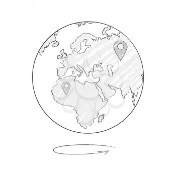 Earth icon light sketch with marks of trip destinations on different continents. Vector illustration with landmarks on world map isolated on white