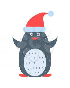 Closeup of penguin wearing red santa claus hat, icon of animal placed in centerpiece, image on vector illustration isolated on white