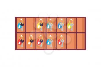 Locker with keys for rooms with colorful trinkets hanged on hooks. Vector illustration of hotel locker isolated on white background