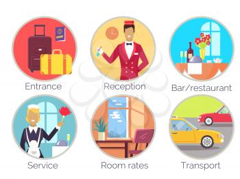 Entrance and reception, bar and restaurant service, room rates, transport, icons of baggage, wine and flowers, cars and plant vector illustration