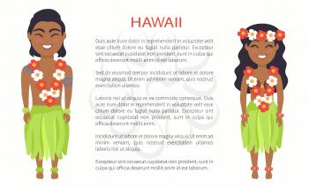 Hawaii male and female image, dressed in flowers and lei, leaves and coconut shell, vector international day poster ethnic people with text