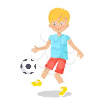 Colorful vivid vector illustration depicting little boy clothed in summer apparel and playing football isolated on clean white background.