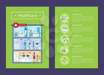 Healthcare medical services representation with hospital building with doctors, surgeons and nurses. Vector illustration with posters on green background