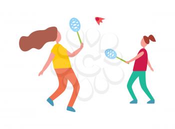 Mother and daughter playing badminton isolated vector illustration on white. Middle-aged female parent and her teenage child spending time outside