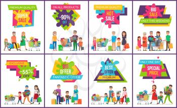 Super sale on all products set of eight posters with discount promotion on white background. Vector illustration with shopping families