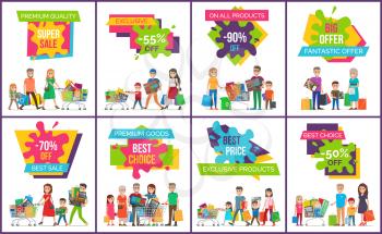Super sale fantastic offer set of posters with people and shopping bags. Vector illustration with colorful discount adverts on white background