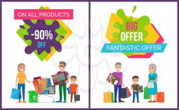 Big offer on all products sale promotion on white background. Vector illustration with discount clearance with happy people with purchases