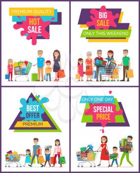 Hot sale special price set of four posters with exclusive offer promotion on white background. Vector illustration with happy groups of people and purchases