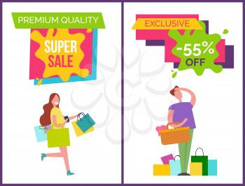 Premium quality best sale, exclusive -55 off, placards depicting customers and their emotion of shopping vector illustration isolated on white