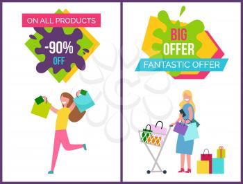 On all products -90 off, big and fantastic offer, set of posters with image of women and bags, cart and headlines vector illustration
