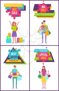 Premium quality best sale only this weekend promo poster including images of family and people shopping on vector illustration isolated on white