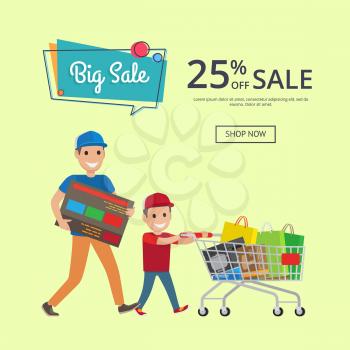 Father and son making shopping with trolley cart full of presents and bags, big sale 25 percent of web banner with place for text vector illustration