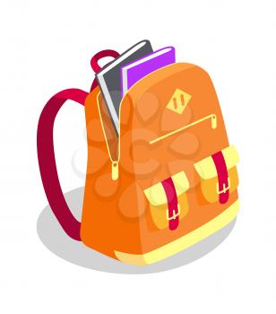 Backpack full of books vector illustration isolated on white. School rucksack with pockets and zippers in orange color for secondary school pupils