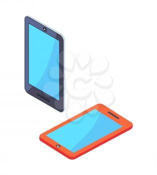 Smartphones or portable cell phones in isometric design set. Modern digital tablets with blue screen vector illustrations isolated on white background.