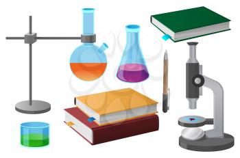 School coursebooks and scientific tools isolated vector illustration on white. Cartoon style modern microscope, lab flasks and ballpoint pen