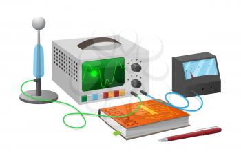 Electronics studies with help of special equipment connected with wires, textbook on subject and ball pen isolated vector illustration.