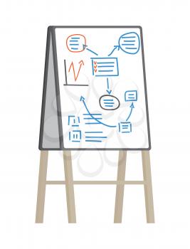 White flip chart with plan and statistics drawn by marker. Vector illustration of icon of office equipment isolated on white background