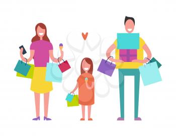 Smiling family consisting of father, mother and daughter in process of shopping in mall, holding bags and gifts vector illustration