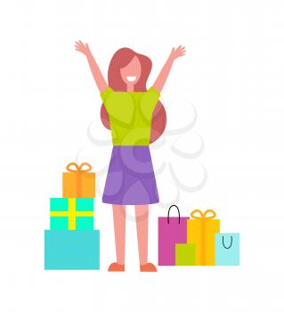 Excited buyer dressed in green sweater and purple skirt with many bags bought from shopping mall depicted on vector illustration on white