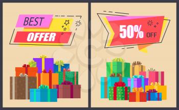 Best offer -50 off promo labels with stars icons, isolated on vector posters with gift boxes in decorative wrapping with bows and ribbons, banners set