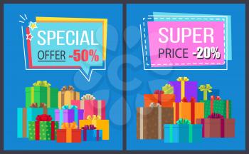 Special offer super price promo labels decorated with frames, promotional stickers on vector illustration posters with gift boxes on blue background