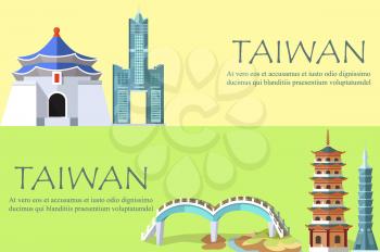 Taiwan colorful banner with architectural constructions in oriental style. Vector poster in flat design of Skyscraper Taipei 101, Tuntex Sky Tower, special bridge and other landmarks for visiting