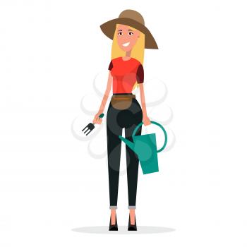 Woman gardener with watering can and scoop vector illustration isolated on white. Landscape designer blonde girl in hat in flat style
