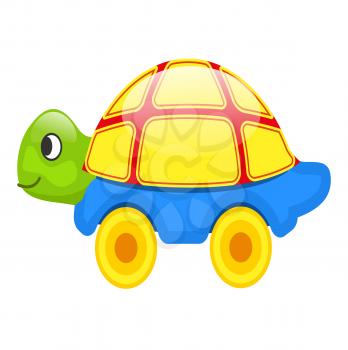 Cute toy turtle with yellow shell, blue bottom and green head on wheels isolated vector illustration on white background.