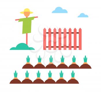 Scarecrow field protector set wooden fence and plantation with growing carrots. Farming measures to save crops and vegetables from crows icons vector