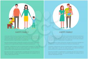 Happy family posters with text sample. Parents and kids beside dog. People eating ice cream dessert, father and mother caring for children vector