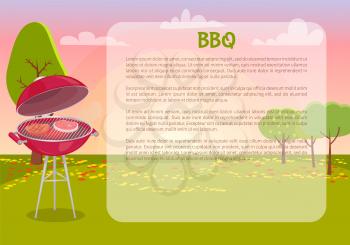 BBQ poster with text and nature vector. Grille grid with roasting meat, beef and pork grilling. Autumn leaves on grass and trees, picnic barbecue