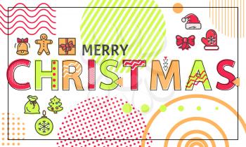 Merry Christmas banner with bright linear figures. Festive symbols, winter holiday attributes and shapes of dots or lines flat vector illustrations.