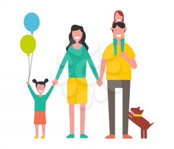 Happy family mother, father two daughters and dog pet isolated. Dad, mom and little girl on shoulders, kid holding balloons. Spending time together