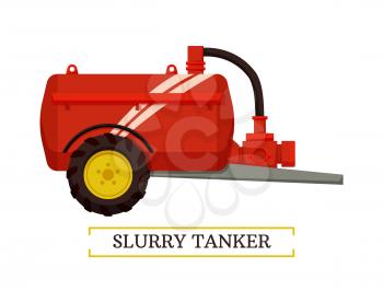 Slurry tanker machinery isolated icon vector and text. Device with reservoir and tube for gathering waste and organic matter. Equipment for liquids