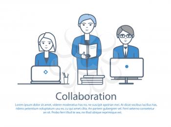 Collaboration people at work poster with text sample vector. Male reading documents information on pages. Male and female looking at laptop screens