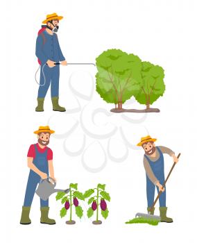 Farming man with sprayer icons vector. Curing bushes and protecting leaves from incest, watering plantation of aubergines. Male with compost and rake