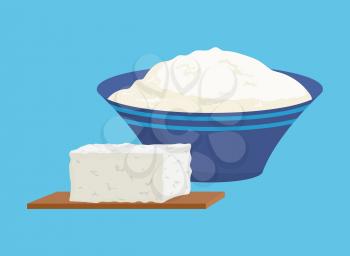 Cottage cheese portions isolated icons set. Vitamins and calcium, food rich in proteins. Homemade organic meal. Healthy dieting dairy products vector