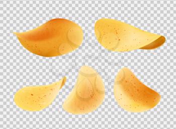Crispy chips made of potato slices vector isolated icons on transparent background. Snacks with salt and pepper, spicy fried fast food nutrition fries
