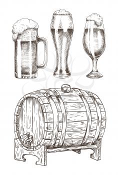 Beer set and round wooden cask vector illustration, graphic art of oak barrel, three glossy goblets with tasty foamy beer, stuff for alcohol drinks