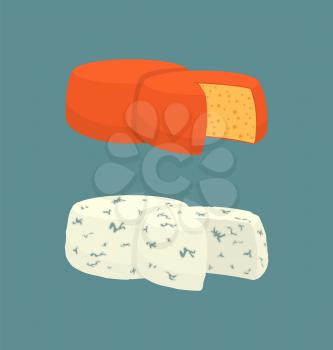 Hard cheese variety isolated icons set vector. Diary product made of milk, homemade natural food with mold and mildew. Meal and rounded snack part
