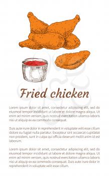 Fried chicken served with ketchup sauce in bowl poster. Drumsticks fatty and oily meal. Roasted poultry meat and tomato accompany vector illustration