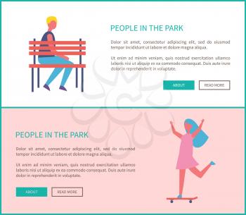 People in park, girl skateboarding and lonely man sitting on bench set of web pages. Child riding on skateboard, boy resting on wooden seat vector